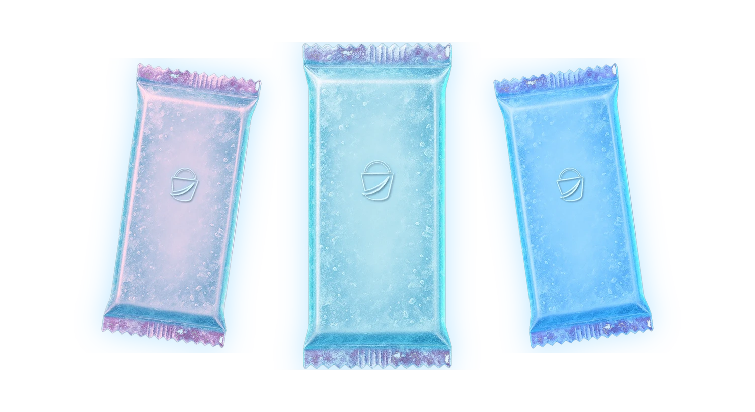 Three Bucket foil packs in lime, blue and violet